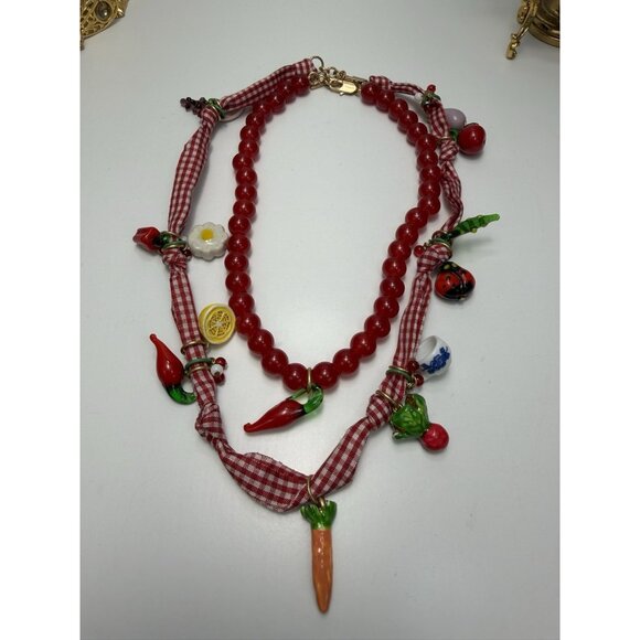 ZARA Red Beaded Gingham Vegetable Charm Layered Necklace Set - Picture 5 of 5